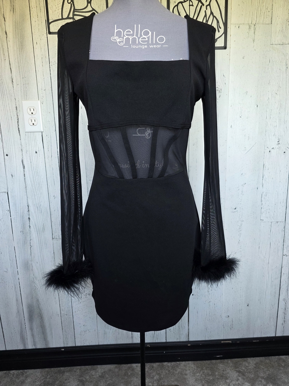 Forever 21 Black Corset Mesh Dress Feather Cuff Sleeves Size Large